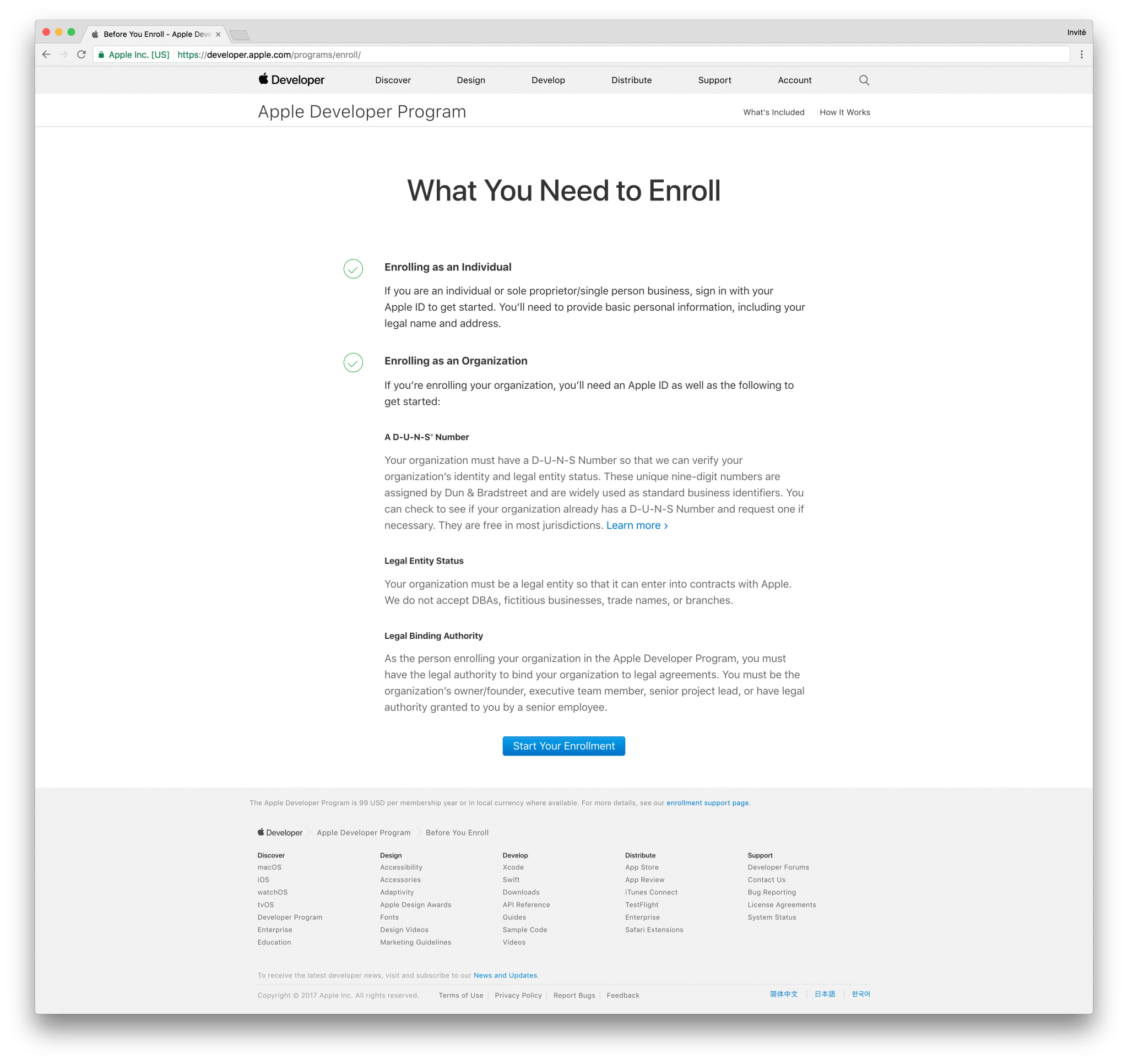 tutoriel apple developer start your enrollment