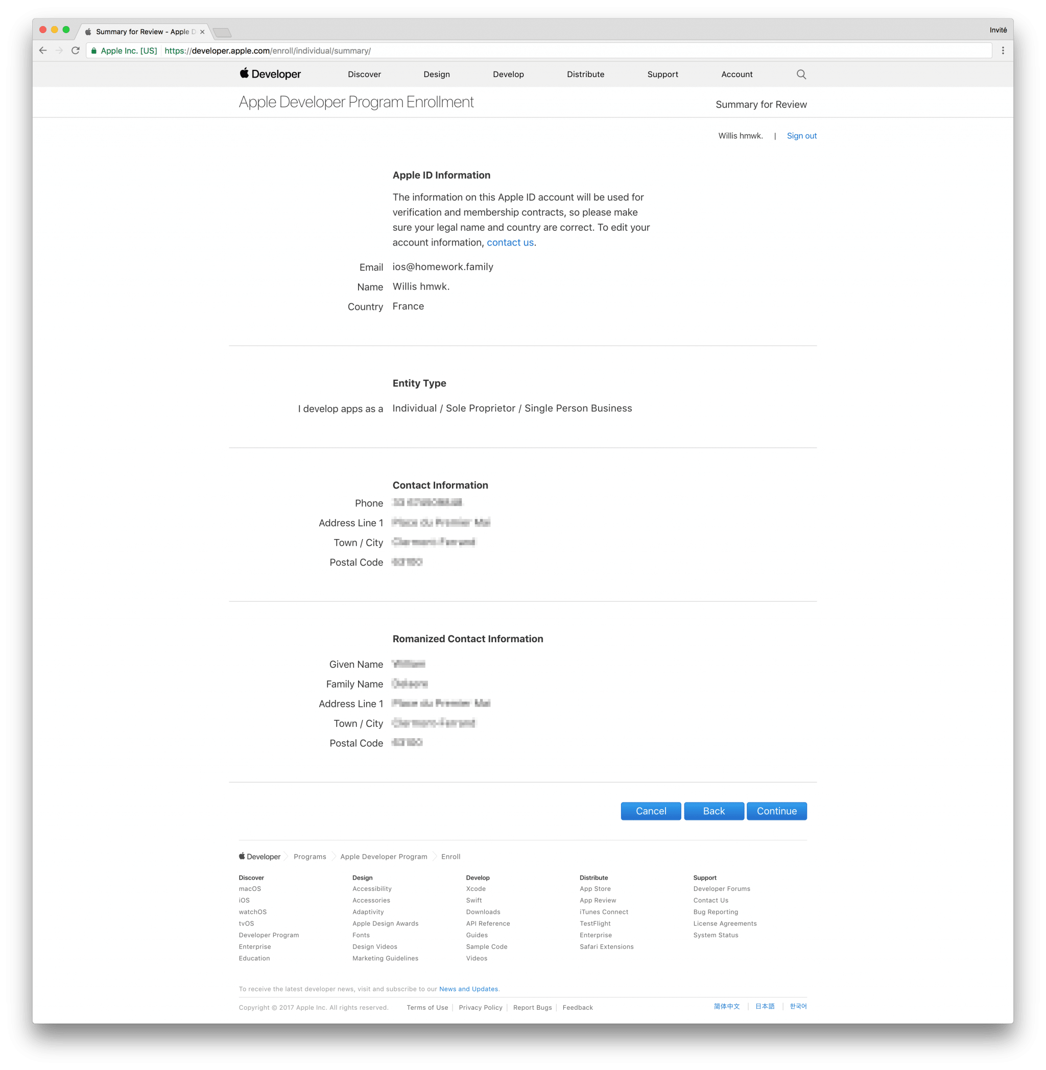 tutoriel apple developer individual confirm create