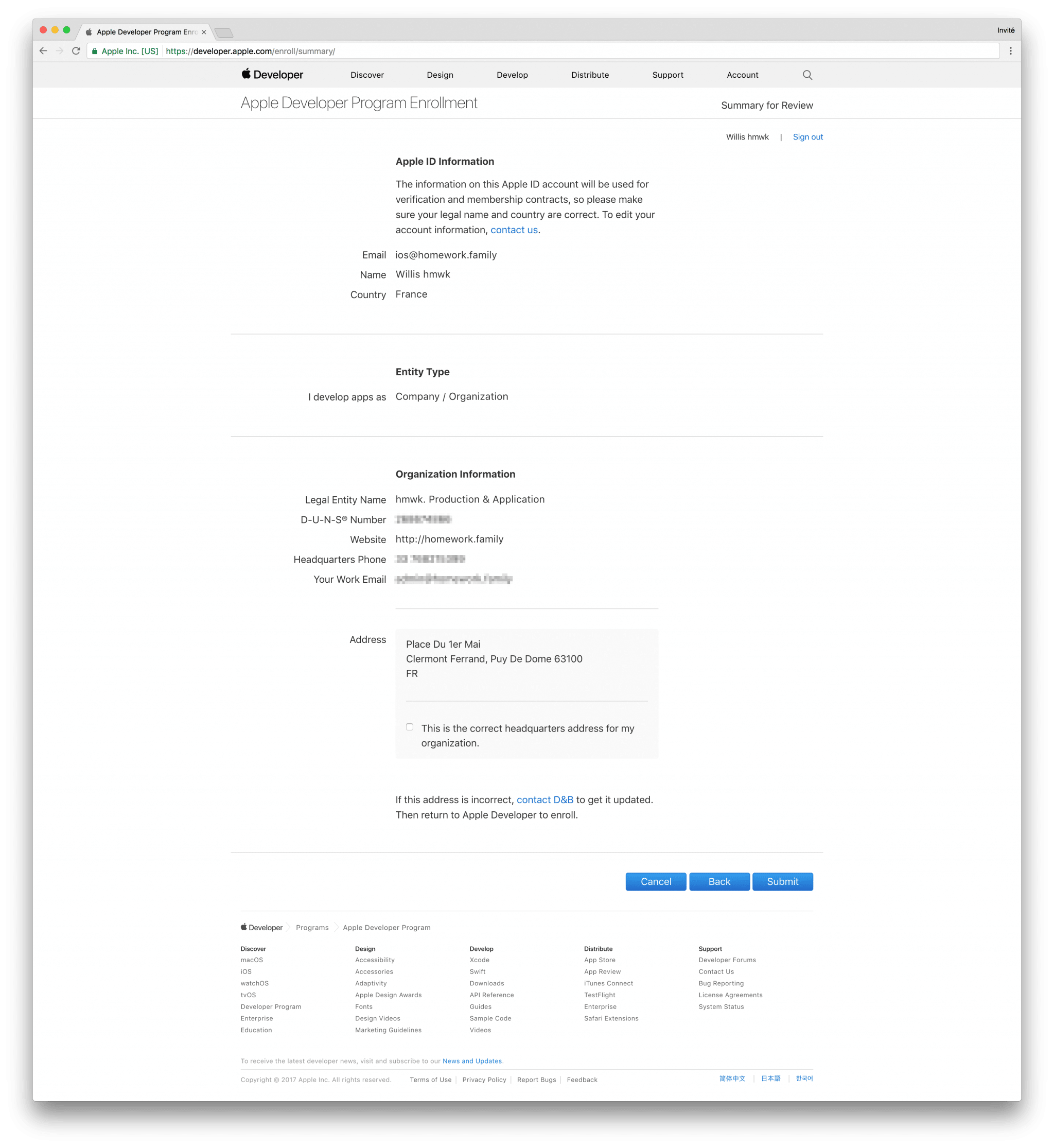 tutoriel apple developer company confirm create