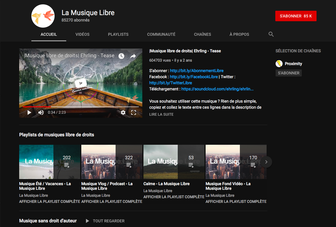 capture d'écran de la galeries YouTube des musiques libres de droits